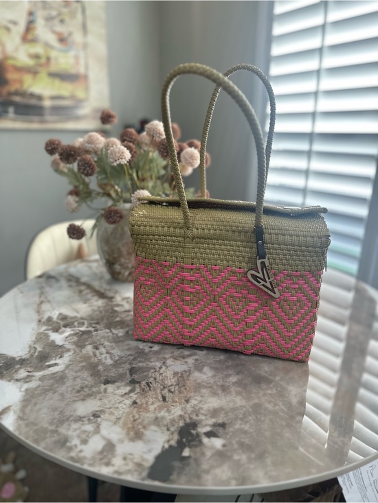 Handbags - Maria Victoria Olive and Pink Tote Bag - Handheld Straw Shoulder Bag